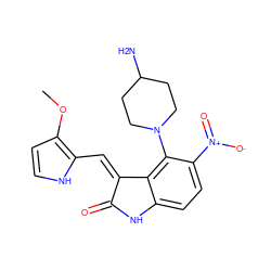 COc1cc[nH]c1/C=C1\C(=O)Nc2ccc([N+](=O)[O-])c(N3CCC(N)CC3)c21 ZINC000012355088