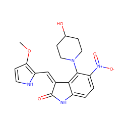 COc1cc[nH]c1/C=C1\C(=O)Nc2ccc([N+](=O)[O-])c(N3CCC(O)CC3)c21 ZINC000013478408