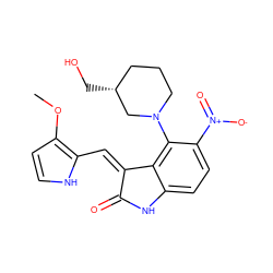 COc1cc[nH]c1/C=C1\C(=O)Nc2ccc([N+](=O)[O-])c(N3CCC[C@@H](CO)C3)c21 ZINC000013478410