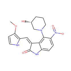 COc1cc[nH]c1/C=C1\C(=O)Nc2ccc([N+](=O)[O-])c(N3CCC[C@@H](O)C3)c21 ZINC000013478404