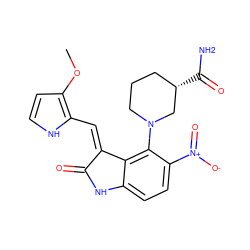 COc1cc[nH]c1/C=C1\C(=O)Nc2ccc([N+](=O)[O-])c(N3CCC[C@H](C(N)=O)C3)c21 ZINC000003814471