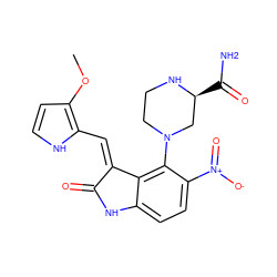 COc1cc[nH]c1/C=C1\C(=O)Nc2ccc([N+](=O)[O-])c(N3CCN[C@@H](C(N)=O)C3)c21 ZINC000013478393