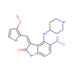 COc1cc[nH]c1/C=C1\C(=O)Nc2ccc([N+](=O)[O-])c(NC3CCNCC3)c21 ZINC000012355094