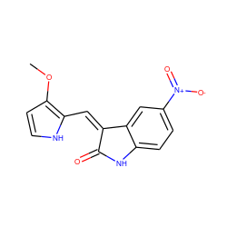 COc1cc[nH]c1/C=C1\C(=O)Nc2ccc([N+](=O)[O-])cc21 ZINC000003814470