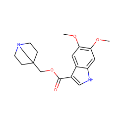 COc1cc2[nH]cc(C(=O)OCC34CCN(CC3)CC4)c2cc1OC ZINC001772571134