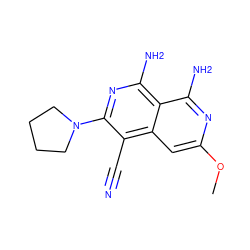 COc1cc2c(C#N)c(N3CCCC3)nc(N)c2c(N)n1 ZINC000025338122