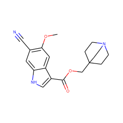 COc1cc2c(C(=O)OCC34CCN(CC3)CC4)c[nH]c2cc1C#N ZINC001772616510