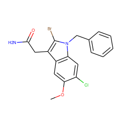 COc1cc2c(CC(N)=O)c(Br)n(Cc3ccccc3)c2cc1Cl ZINC000013446049