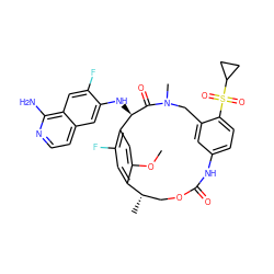 COc1cc2c(F)cc1[C@@H](C)COC(=O)Nc1ccc(S(=O)(=O)C3CC3)c(c1)CN(C)C(=O)[C@@H]2Nc1cc2ccnc(N)c2cc1F ZINC001772609711