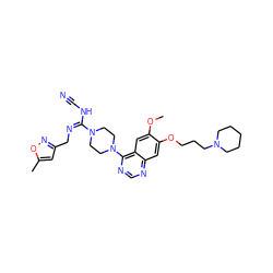 COc1cc2c(N3CCN(/C(=N\Cc4cc(C)on4)NC#N)CC3)ncnc2cc1OCCCN1CCCCC1 ZINC000028392248