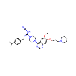 COc1cc2c(N3CCN(/C(=N\Cc4ccc(C(C)C)cc4)NC#N)CC3)ncnc2cc1OCCCN1CCCCC1 ZINC000028385327