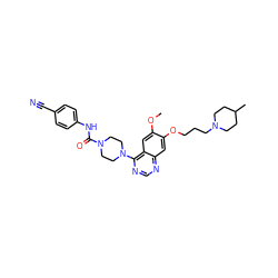 COc1cc2c(N3CCN(C(=O)Nc4ccc(C#N)cc4)CC3)ncnc2cc1OCCCN1CCC(C)CC1 ZINC000027209879