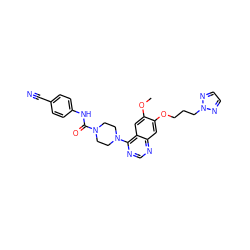 COc1cc2c(N3CCN(C(=O)Nc4ccc(C#N)cc4)CC3)ncnc2cc1OCCCn1nccn1 ZINC000013475687