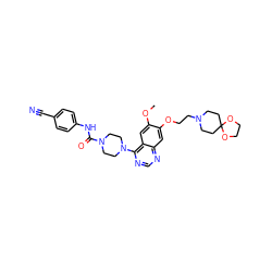 COc1cc2c(N3CCN(C(=O)Nc4ccc(C#N)cc4)CC3)ncnc2cc1OCCN1CCC2(CC1)OCCO2 ZINC000027215947