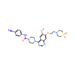 COc1cc2c(N3CCN(C(=O)Nc4ccc(C#N)cc4)CC3)ncnc2cc1OCCN1CCS(=O)(=O)CC1 ZINC000027209341