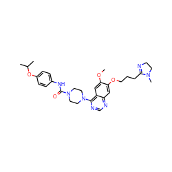 COc1cc2c(N3CCN(C(=O)Nc4ccc(OC(C)C)cc4)CC3)ncnc2cc1OCCCC1=NCCN1C ZINC000027212289