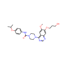 COc1cc2c(N3CCN(C(=O)Nc4ccc(OC(C)C)cc4)CC3)ncnc2cc1OCCCO ZINC000013475696