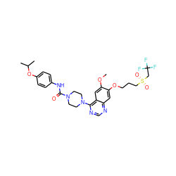 COc1cc2c(N3CCN(C(=O)Nc4ccc(OC(C)C)cc4)CC3)ncnc2cc1OCCCS(=O)(=O)CC(F)(F)F ZINC000027212204