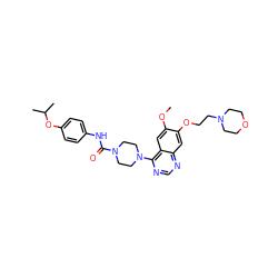 COc1cc2c(N3CCN(C(=O)Nc4ccc(OC(C)C)cc4)CC3)ncnc2cc1OCCN1CCOCC1 ZINC000027209773