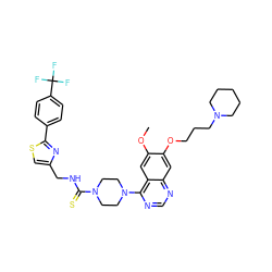 COc1cc2c(N3CCN(C(=S)NCc4csc(-c5ccc(C(F)(F)F)cc5)n4)CC3)ncnc2cc1OCCCN1CCCCC1 ZINC000028389494