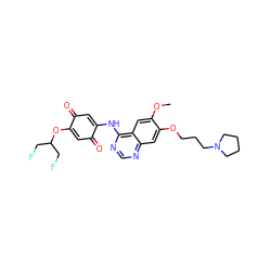 COc1cc2c(NC3=CC(=O)C(OC(CF)CF)=CC3=O)ncnc2cc1OCCCN1CCCC1 ZINC000101132361