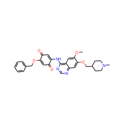 COc1cc2c(NC3=CC(=O)C(OCc4ccccc4)=CC3=O)ncnc2cc1OCC1CCN(C)CC1 ZINC000140634566