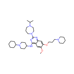 COc1cc2c(NC3CCN(C4CCCCC4)CC3)nc(N3CCCN(C(C)C)CC3)nc2cc1OCCCN1CCCCC1 ZINC000072118726