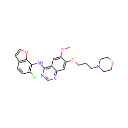 COc1cc2c(Nc3c(Cl)ccc4ccoc34)ncnc2cc1OCCCN1CCOCC1 ZINC000027990255