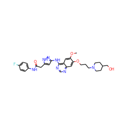 COc1cc2c(Nc3cc(CC(=O)Nc4ccc(F)cc4)[nH]n3)ncnc2cc1OCCCN1CCC(CO)CC1 ZINC000034803077