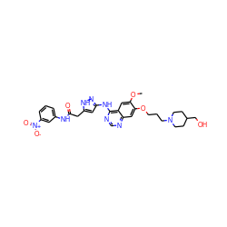 COc1cc2c(Nc3cc(CC(=O)Nc4cccc([N+](=O)[O-])c4)[nH]n3)ncnc2cc1OCCCN1CCC(CO)CC1 ZINC000034802992