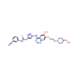 COc1cc2c(Nc3cc(CC(=O)Nc4cccc(C#N)c4)[nH]n3)ncnc2cc1OCCCN1CCC(CO)CC1 ZINC000034802989