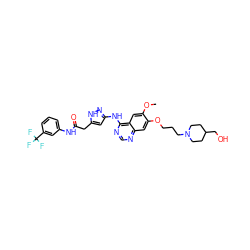 COc1cc2c(Nc3cc(CC(=O)Nc4cccc(C(F)(F)F)c4)[nH]n3)ncnc2cc1OCCCN1CCC(CO)CC1 ZINC000034802967