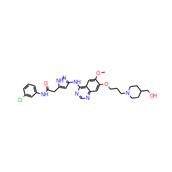 COc1cc2c(Nc3cc(CC(=O)Nc4cccc(Cl)c4)[nH]n3)ncnc2cc1OCCCN1CCC(CO)CC1 ZINC000034802986