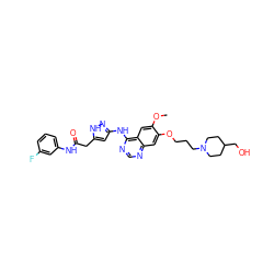 COc1cc2c(Nc3cc(CC(=O)Nc4cccc(F)c4)[nH]n3)ncnc2cc1OCCCN1CCC(CO)CC1 ZINC000034803074