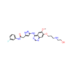 COc1cc2c(Nc3cc(CC(=O)Nc4cccc(F)c4)[nH]n3)ncnc2cc1OCCCNCCO ZINC000034272676