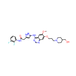 COc1cc2c(Nc3cc(CC(=O)Nc4cccc(F)c4F)[nH]n3)ncnc2cc1OCCCN1CCC(CO)CC1 ZINC000034803081