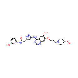 COc1cc2c(Nc3cc(CC(=O)Nc4cccc(O)c4)[nH]n3)ncnc2cc1OCCCN1CCC(CO)CC1 ZINC000034802996