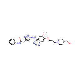 COc1cc2c(Nc3cc(CC(=O)Nc4ccccc4)[nH]n3)ncnc2cc1OCCCN1CCC(CO)CC1 ZINC000034803066