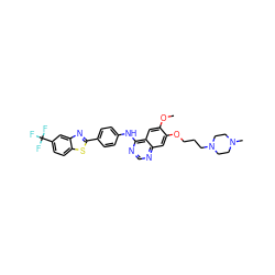 COc1cc2c(Nc3ccc(-c4nc5cc(C(F)(F)F)ccc5s4)cc3)ncnc2cc1OCCCN1CCN(C)CC1 ZINC000049756671