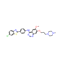 COc1cc2c(Nc3ccc(-c4nc5ccc(Cl)cc5s4)cc3)ncnc2cc1OCCCN1CCN(C)CC1 ZINC000049757145