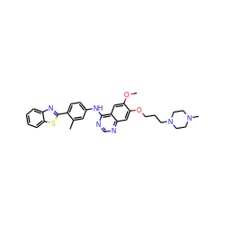 COc1cc2c(Nc3ccc(-c4nc5ccccc5s4)c(C)c3)ncnc2cc1OCCCN1CCN(C)CC1 ZINC000049757508