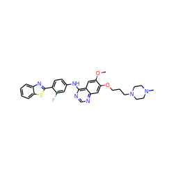 COc1cc2c(Nc3ccc(-c4nc5ccccc5s4)c(F)c3)ncnc2cc1OCCCN1CCN(C)CC1 ZINC000049756920