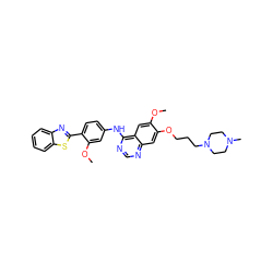 COc1cc2c(Nc3ccc(-c4nc5ccccc5s4)c(OC)c3)ncnc2cc1OCCCN1CCN(C)CC1 ZINC000049756204