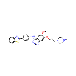 COc1cc2c(Nc3ccc(-c4nc5ccccc5s4)cc3)ncnc2cc1OCCCN1CCN(C)CC1 ZINC000049762273