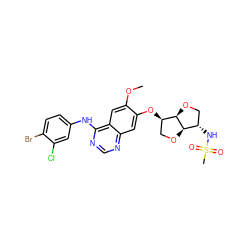 COc1cc2c(Nc3ccc(Br)c(Cl)c3)ncnc2cc1O[C@@H]1CO[C@@H]2[C@@H](NS(C)(=O)=O)CO[C@H]12 ZINC000211606964