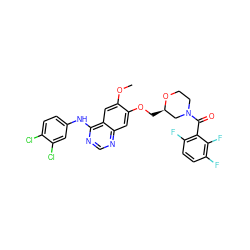 COc1cc2c(Nc3ccc(Cl)c(Cl)c3)ncnc2cc1OC[C@@H]1CN(C(=O)c2c(F)ccc(F)c2F)CCO1 ZINC000114820706