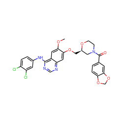 COc1cc2c(Nc3ccc(Cl)c(Cl)c3)ncnc2cc1OC[C@@H]1CN(C(=O)c2ccc3c(c2)OCO3)CCO1 ZINC000114821549