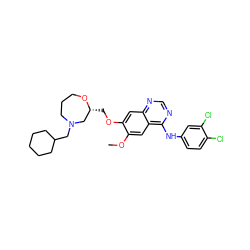 COc1cc2c(Nc3ccc(Cl)c(Cl)c3)ncnc2cc1OC[C@@H]1CN(CC2CCCCC2)CCCO1 ZINC000088367927