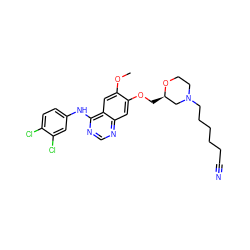 COc1cc2c(Nc3ccc(Cl)c(Cl)c3)ncnc2cc1OC[C@@H]1CN(CCCCCC#N)CCO1 ZINC000114821442