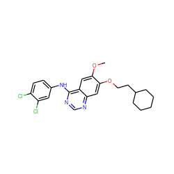 COc1cc2c(Nc3ccc(Cl)c(Cl)c3)ncnc2cc1OCCC1CCCCC1 ZINC000034208257